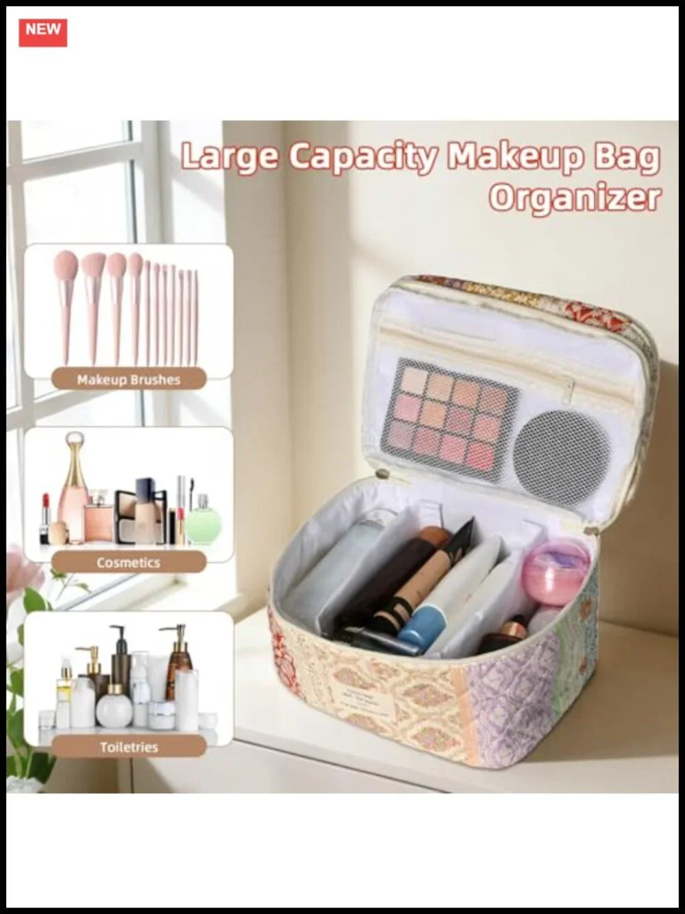 Quilted Cotton Cosmetic Bag Large Capacity Travel Makeup Organizer with Zipper